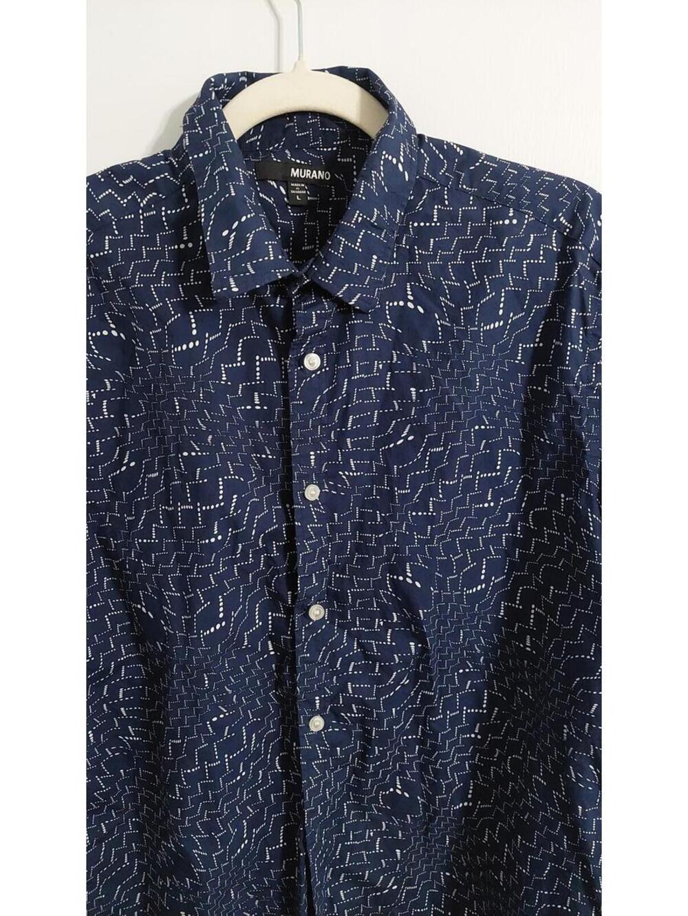 Murano Navy Blue Patterned Short Sleeve Button-Up Shirt